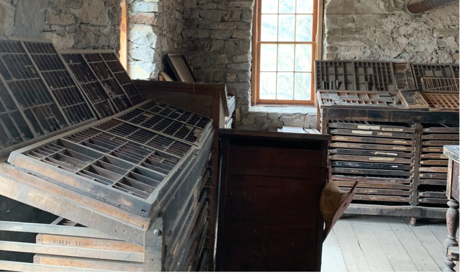 The printing cabinets and drawers of the Montana Post in Virginia City, Montana. The Montana Post was the territory’s first newspaper (Photo by Darrell Ehrlick of the Daily Montanan).